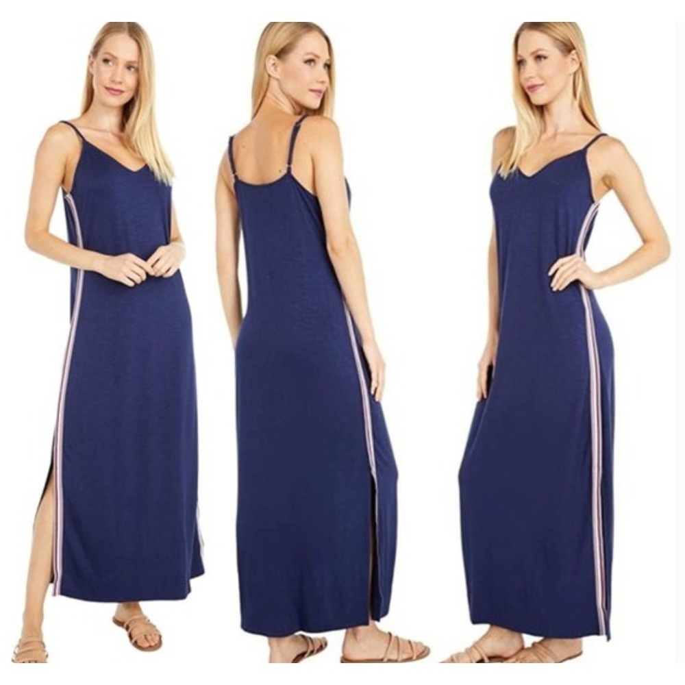 Splendid Dress Women Medium Blue Stripe Maxi Side Slit Sleeveless V-Neck R44D602